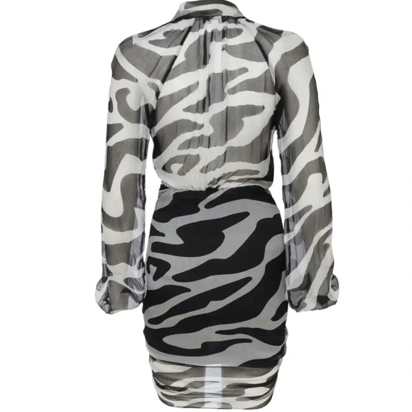 MOTHER OF ALL Vera Ruched Long Sleeve Silk Dress Black and White size 8/10 NWT - Picture 4 of 13